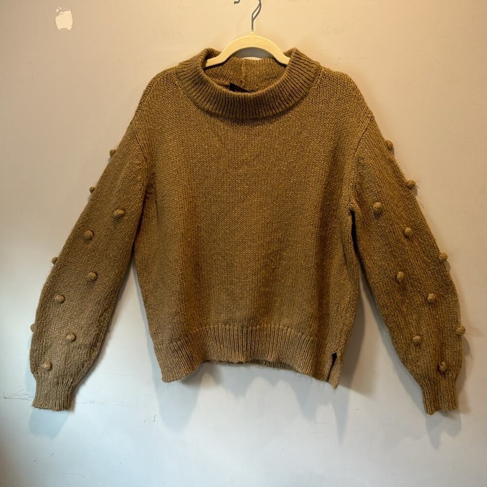 Wooden Ships Paola Buendia Knit Pom Poms Sleeve Muted Brown Mock Neck Sweater